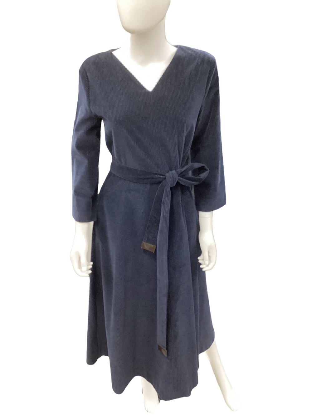 ‘S MaxMara Dress Women’s Size 10 Corduroy Belted V-Neck Back Zipper Navy Blue